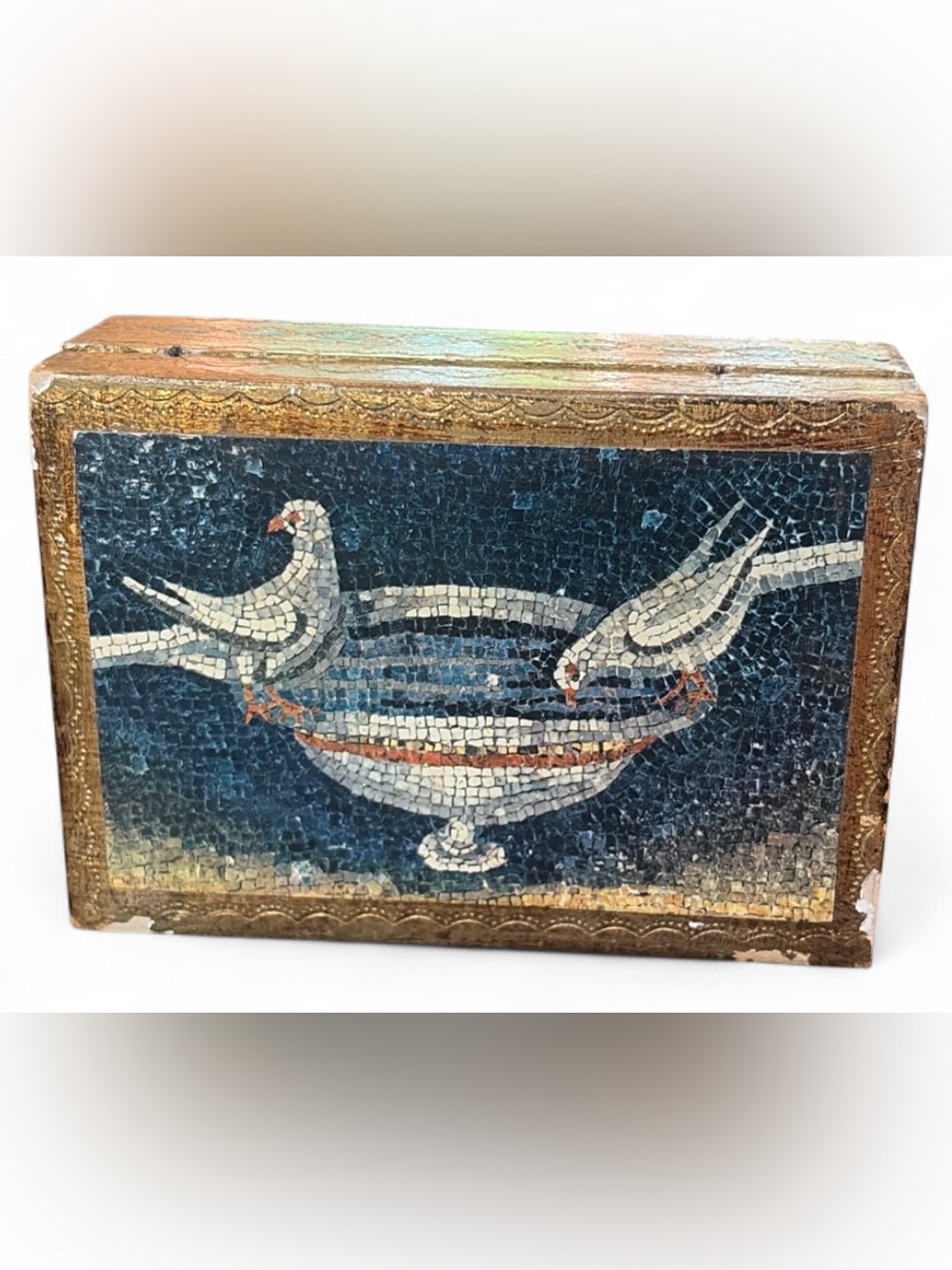 Vintage Italian Florentine Doves Fountain Mosaic Print Handmade Etched Wood Box